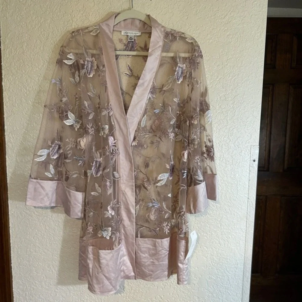 Rya Collection Sepia Rose Embroidered Mesh Kimono Robe Cover Up‎ M L